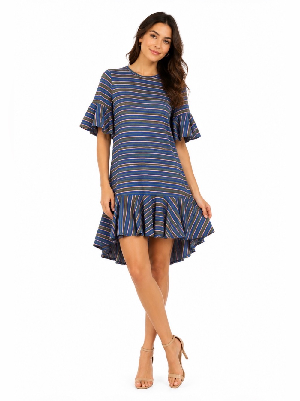 Lularoe Women Dress Striped High Low Ruffle Dress Bell Sleeve Size Small